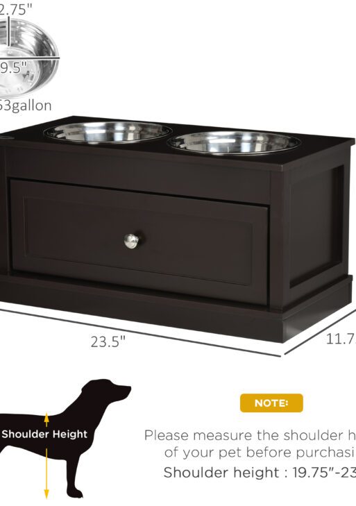 Large Elevated Dog Bowls with Storage Drawer Containing 11L Capacity, Raised Dog Bowl Stand Pet Food Bowl Dog Feeding Station, Brown