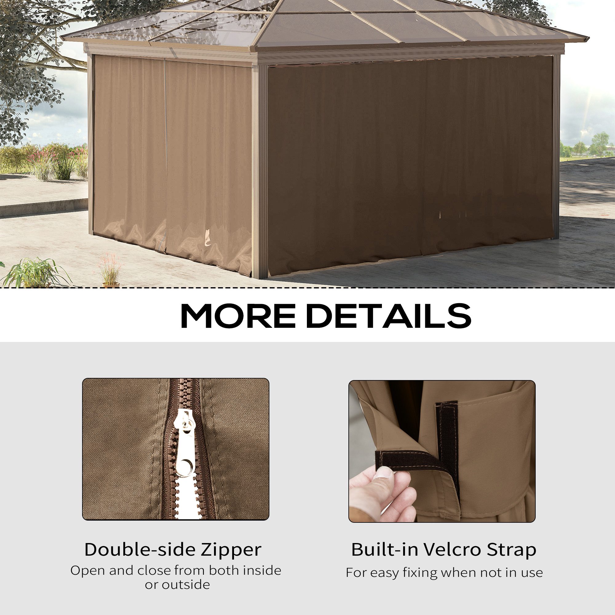 9.84' x 9.84' Gazebo Sidewall Set with Hooks/C-Rings, Brown - Image 3
