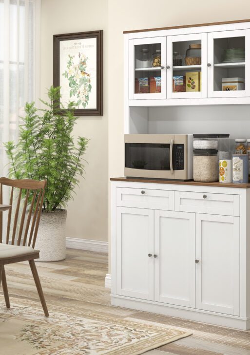 71" Kitchen Pantry Cabinet with Microwave Stand, Kitchen Hutch with 2 Drawers and Adjustable Shelves, White