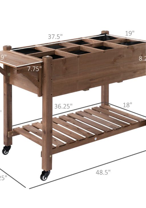 Wooden Garden Box, 34.25H with 8 Pockets and Lockable Wheels, Foldable Side Clapboard, Elevated and Self-Draining Design, to Grow Herbs, Vegetables, and Flowers, Brown
