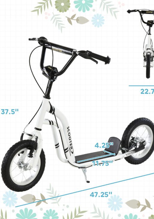 Youth Scooter Front and Rear Caliper Dual Brakes 12-Inch Inflatable Front Wheel Ride On Toy For Age 5+ - White