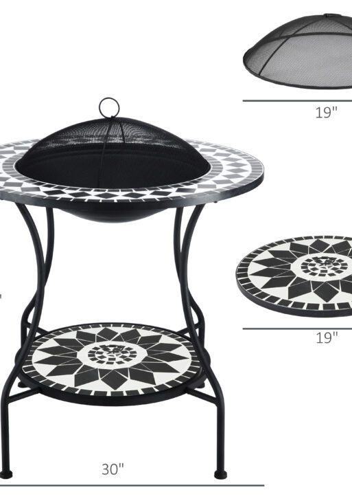30" Outdoor Fire Pit Dining Table, 3-in-1 Round Wood Burning Fire Pit Bowl, Patio Ice Bucket with Storage Shelf, Spark Screen Cover for BBQ, Bonfire, Camping, Mosaic