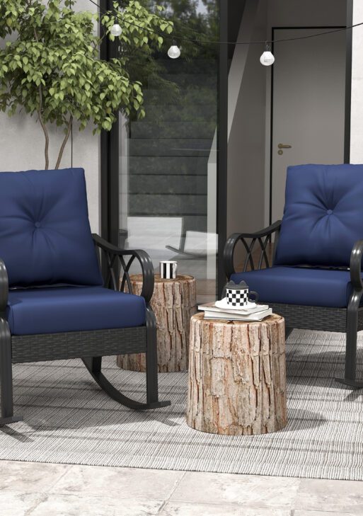 2 Piece Outdoor Wicker Rocking Chairs Rattan Porch Rockers with Cushions, Aluminum Frame for Garden, Patio, Blue