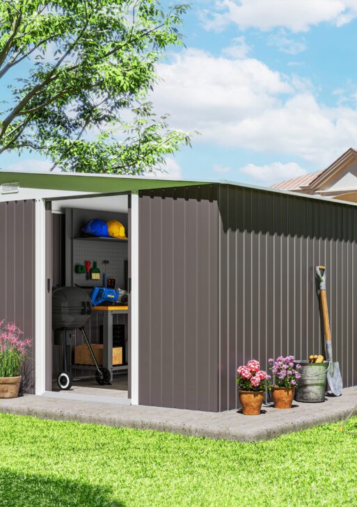 11' x 9' Metal Outdoor Storage Shed, Tool House with Double Lockable Doors for Backyard, Patio, Lawn, Garage, Gray