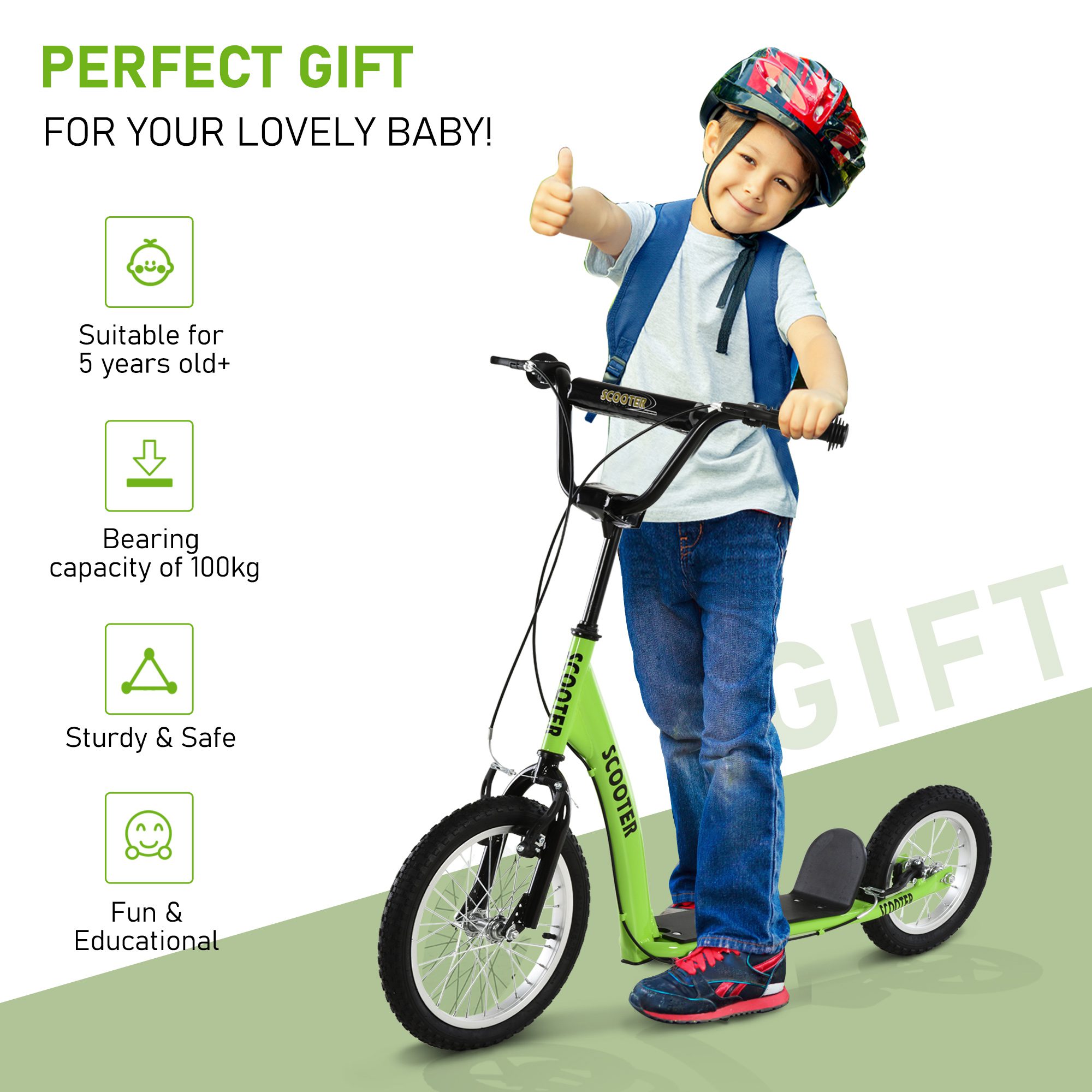 Youth Scooter Kick Scooter for Kids 5+ with Adjustable Handlebar 16" Front and 12" Rear Dual Brakes Inflatable Wheels, Green - Image 4