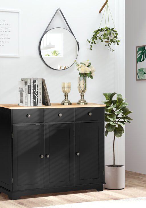 Kitchen Storage Cabinet, Sideboard Floor Cupboard with Solid Wood Top, Adjustable Shelf, and 3 Drawers, Black