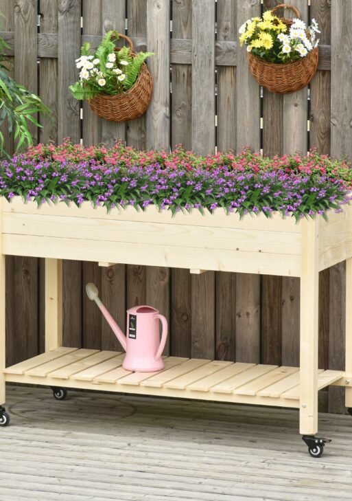 Raised Garden Bed, 47" x 22" x 33", Elevated Wooden Planter Box w/ Lockable Wheels, Storage Shelf, and Bed Liner for Backyard, Patio, Natural