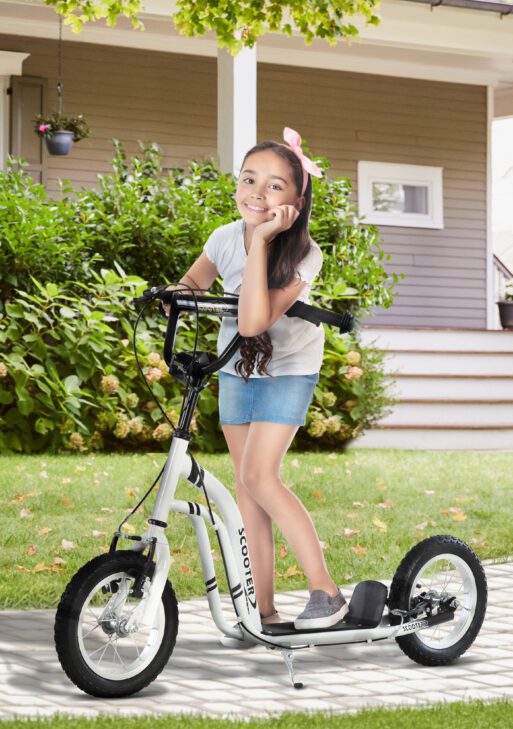 Youth Scooter Front and Rear Caliper Dual Brakes 12-Inch Inflatable Front Wheel Ride On Toy For Age 5+ - White