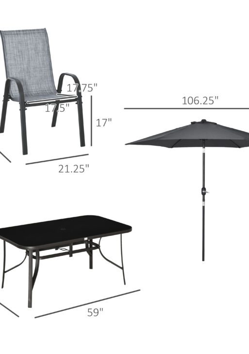 8 Pieces Patio Furniture Set with 9Ft Patio Umbrella, Outdoor Dining Table and Chairs, 6 Chairs, Push Button Tilt and Crank Parasol, Tempered Glass Top, Gray