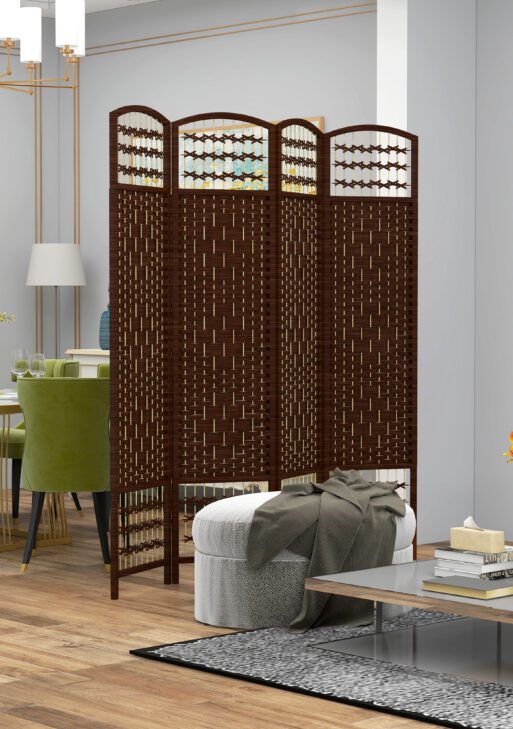 4 Panel Folding Room Divider Portable Privacy Screen Wave Fiber Room Partition for Home Office Brown