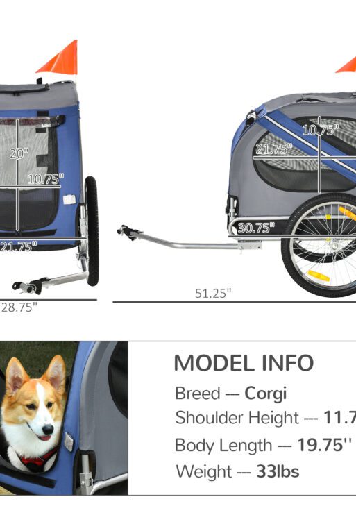 Bike Trailer Cargo Cart for Dogs and Pets with 3 Entrances Large Wheels for Off-Road & Mesh Screen, Blue/Gray