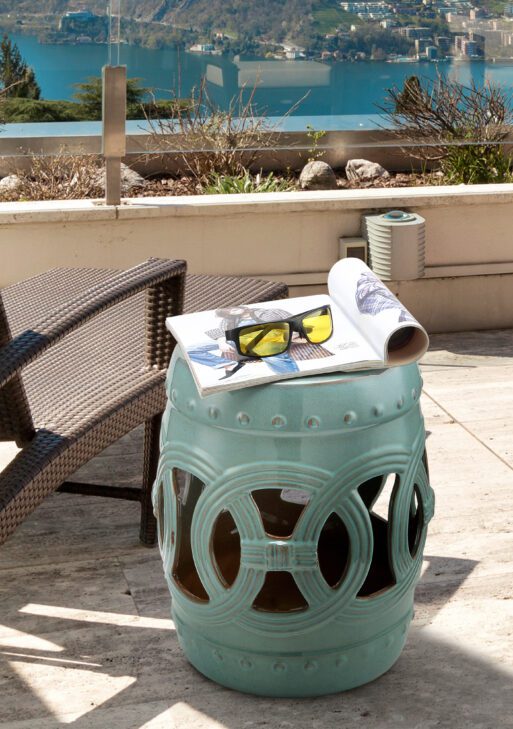 14" x 17" Ceramic Garden Stool with Double-Coin Knotted Ring Design & Strong Glazed Material, Decorative End Table, Home Collection, Antique Blue