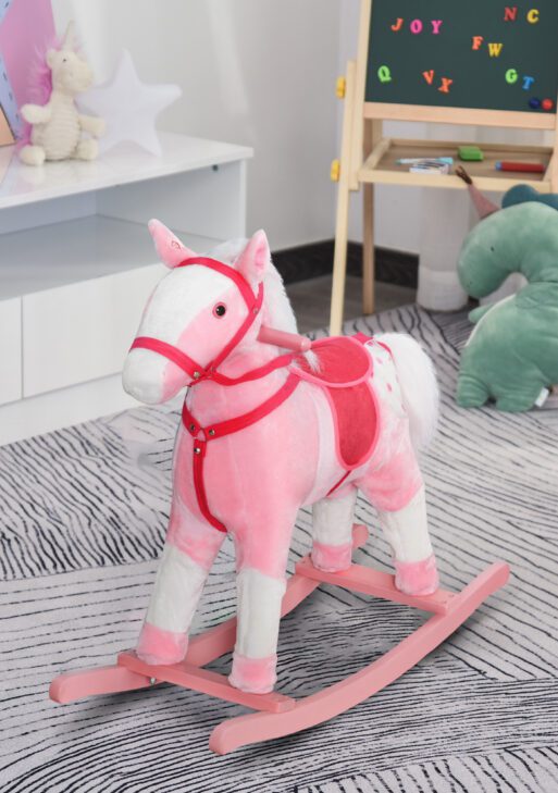 Kids Plush Toy Rocking Horse Pony Toddler Ride on Animal Rocker with Realistic Sounds, Birthday Gifts for Girls, Pink
