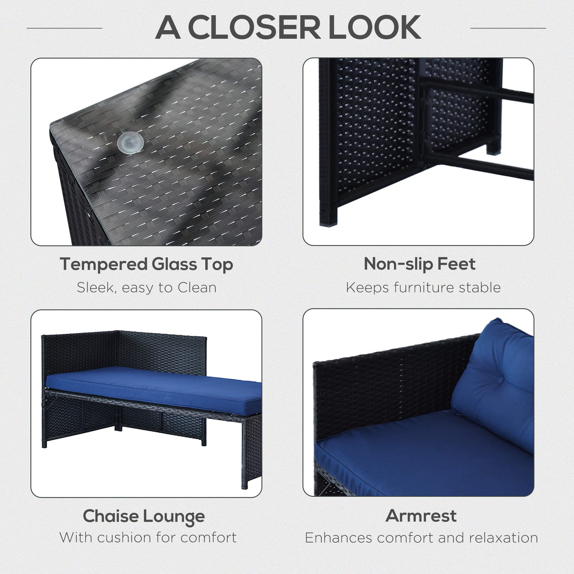 3 Piece Patio Furniture Set, Rattan Outdoor Sofa Set with Chaise Lounge & Loveseat, Soft Cushions, Tempered Glass Table, L-Shaped Sectional Couch, Blue - Image 4