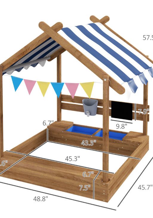 Wooden Sandbox with Canopy, House Design for 3-7 Years Old, Brown