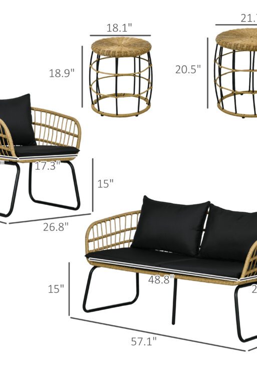 5 Piece PE Rattan Outdoor Furniture Set with Cushioned Chairs, Loveseat Sofa & Stackable Coffee Tables, Black