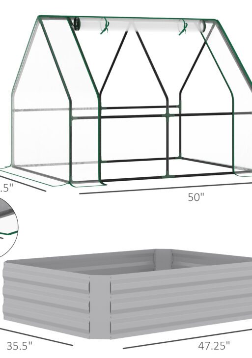Raised Garden Bed with Cover, Outdoor Galvanized Metal Planter Box Kit, 4 x 3 ft Mini Greenhouse with 2 Large Screen Windows, for Growing Flowers, Vegetables and Herbs, Clear