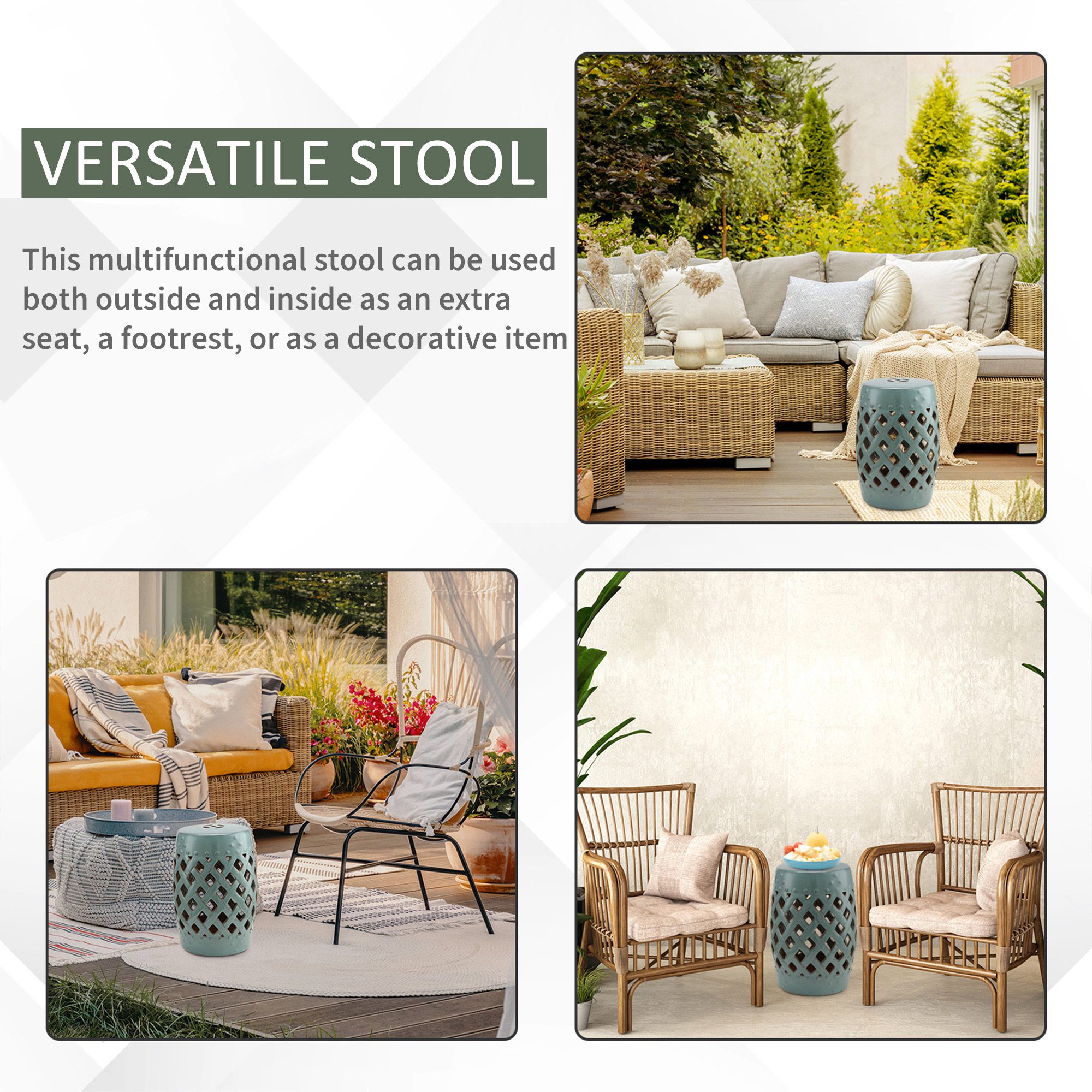 13" x 18" Ceramic Garden Stool with Woven Lattice Design & Glazed Strong Materials Decorative End Table, Antique Blue - Image 3