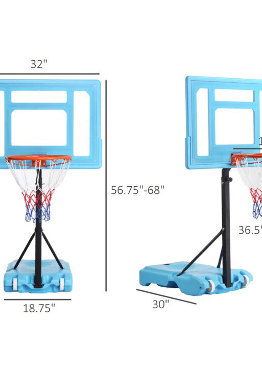 Poolside Basketball Hoop Stand, 36.5"-48.5" Height Adjustable Portable Hoop System w/ Clear Backboard & Fillable Base for Whole Family, Blue, Black, Red