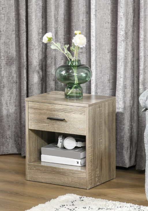 Modern Side Table with Drawer and Storage Shelf, End Table for Living Room, Gray Wood Grain