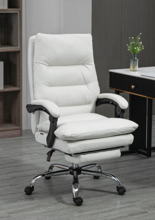 Microfibre Executive Massage Office Chair, Computer Desk Chair, Heated Reclining Chair with Footrest, Double-tier Padding, Swivel Wheels, Cream White