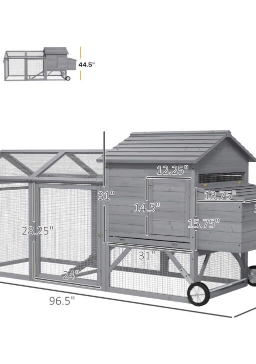 96.5" Chicken Coop Wooden Hen House Poultry Cage Pen Portable with Wheels and Nesting Box, Chicken Cage for Backyard Outdoor, Gray