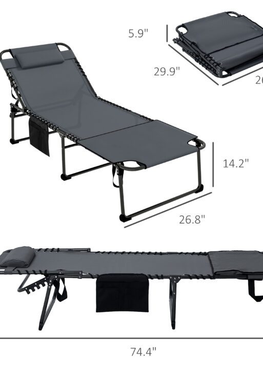 2 Piece Folding Chaise Lounge Pool Chairs with 5-level Reclining Back, Reading Hole, Side Pocket, Gray