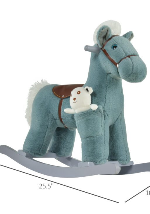 Qaba Kids Plush Ride-On Rocking Horse with Bear Toy, Children Chair with Soft Plush Toy & Fun Realistic Sounds, Blue