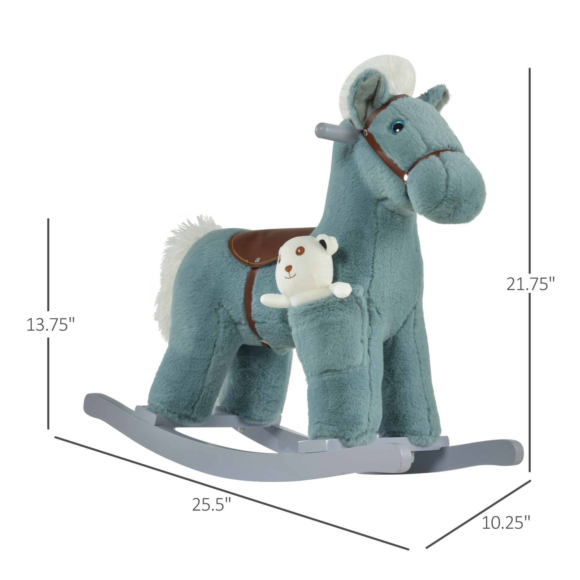 Qaba Kids Plush Ride-On Rocking Horse with Bear Toy, Children Chair with Soft Plush Toy & Fun Realistic Sounds, Blue - Image 1