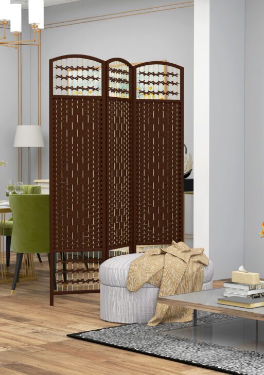 3 Panel Folding Room Divider Portable Privacy Screen Wave Fiber Room Partition for Home Office Brown