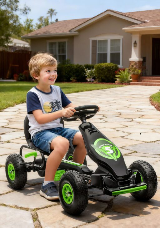 Ergonomic Pedal Go Kart Kids Ride-on Toy with Tough, Wear-Resistant Tread for Boys & Girls, Ages 5-12, Green