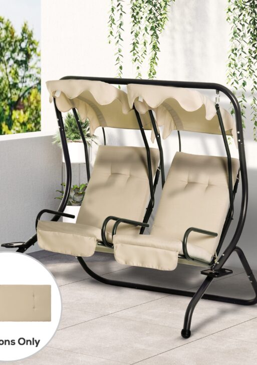 84A-052 Series Outdoor Porch Swing Cushions with Seat & Tufted Back, Backrest Ties, Set of 2 Replacement Cushions for Patio Furniture, Beige