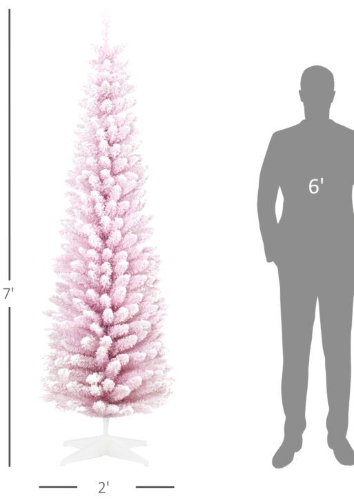 7' Decorated Christmas Tree Snow Flocked Artificial Christmas Tree with Pencil Shape, Realistic Branches, Pink