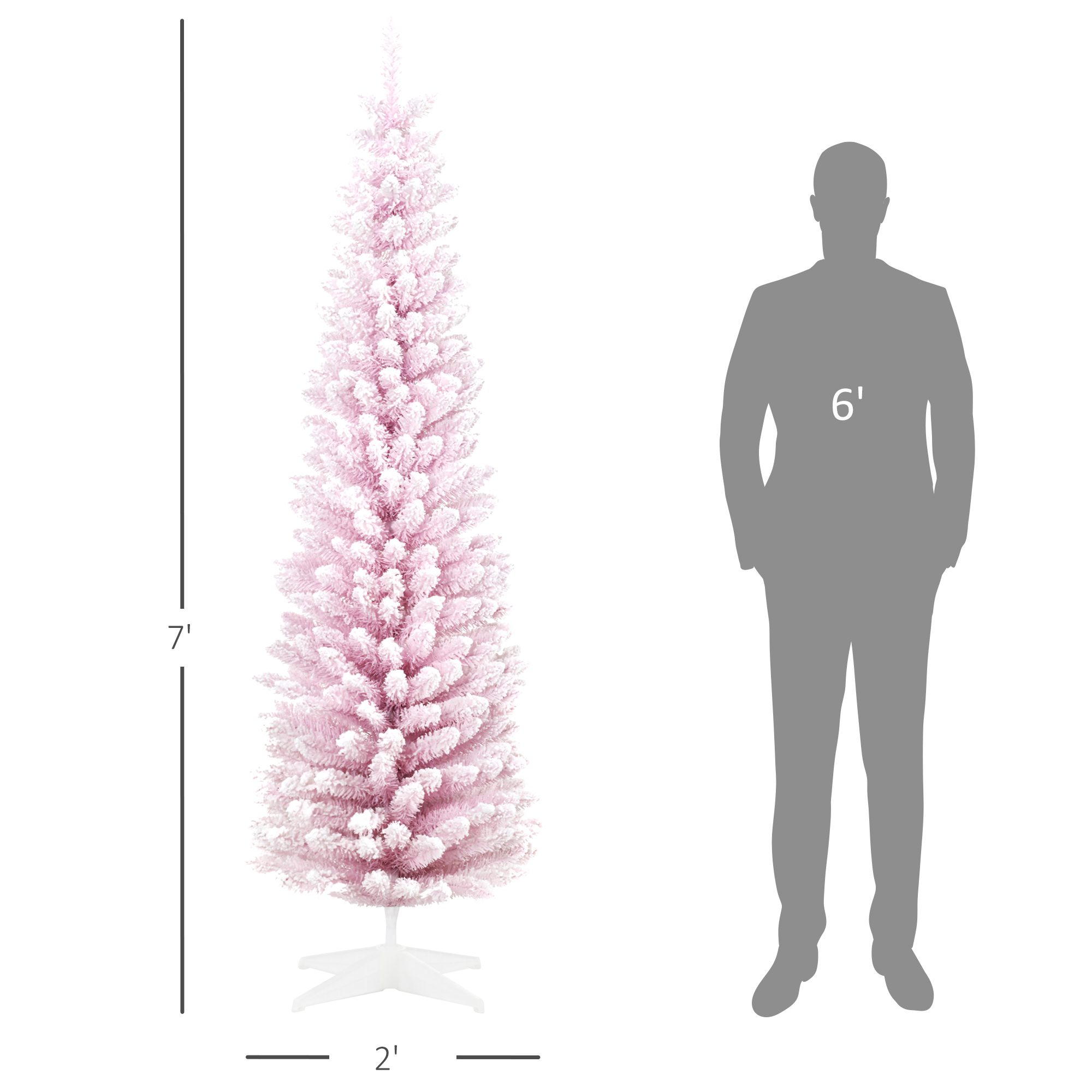 7' Decorated Christmas Tree Snow Flocked Artificial Christmas Tree with Pencil Shape, Realistic Branches, Pink - Image 1