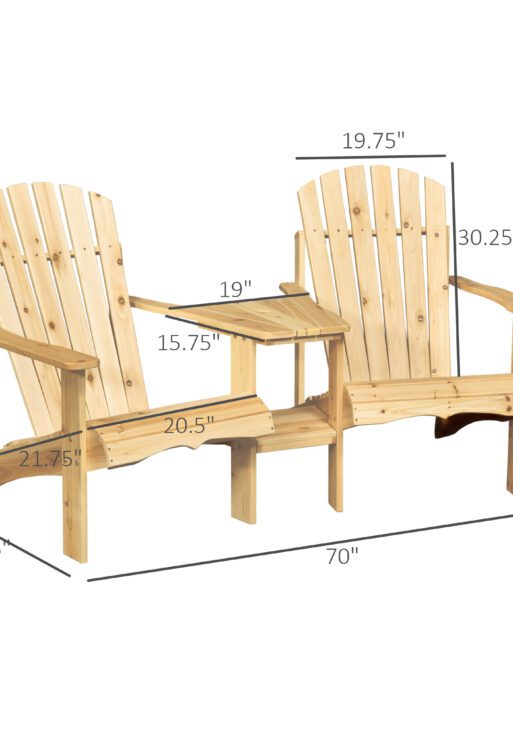 Fire Pit Seating, 2 Wooden Adirondack Chairs with Outdoor Table & Umbrella Hole, Wood 2 Person Adirondack Bench, Natural