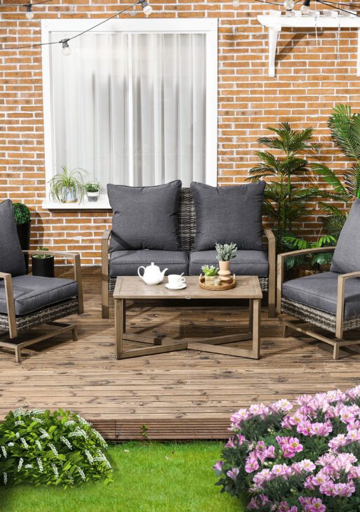 4 Piece Wicker Patio Furniture Set with 2 Rocking Chairs, Loveseat Sofa, Outdoor PE Rattan Conversation Set with Cushions, Aluminum Table for Porch, Poolside, Dark Gray