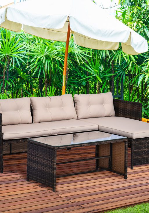 3 Piece Patio Furniture Set, Rattan Outdoor Sofa Set with Chaise Lounge & Loveseat, Soft Cushions, Tempered Glass Table, L-Shaped Sectional Couch, Beige