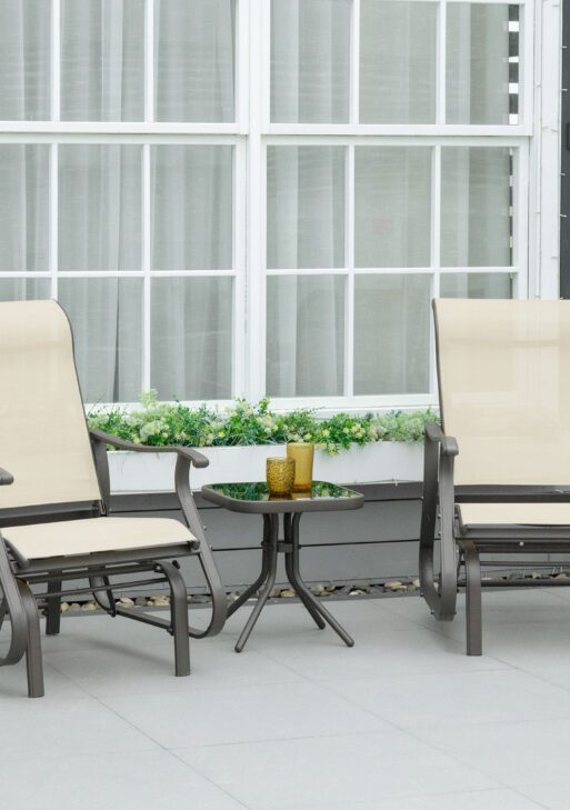 3-Piece Outdoor Gliders Set Bistro Set with Steel Frame, Tempered Glass Top Table for Patio, Garden, Backyard, Lawn, Beige