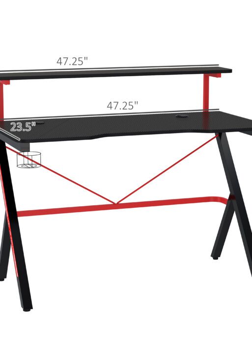 47 Inch Gaming Desk Racing Computer Desk Home Office Workstation with Elevated Monitor Shelf Rotatable Cup Holder Headphone Hook, Black