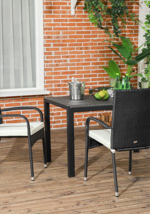 Stackable PE Rattan Outdoor Dining Chairs with Cushion, Patio Wicker Dining Chair with Armrests & Backrest, Cream White