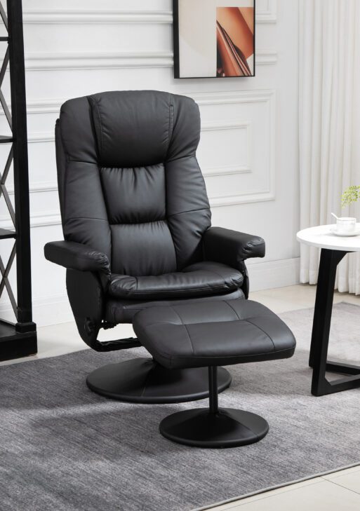 PU Leather Recliner Chair with Ottoman, Swivel Recliner and Ottoman with Round Wrapped Base for Living Room, Black