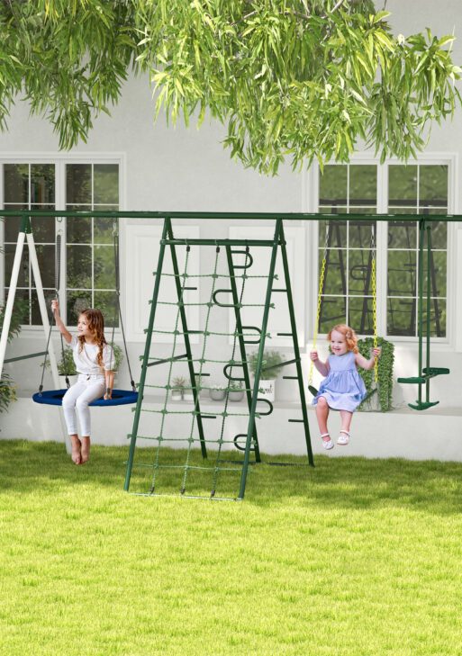 Metal Swing Set for Backyard with 1 Saucer Swing, Basketball Hoop, 1 Seat, 1 Swing Glider, Climbing Net and Steps