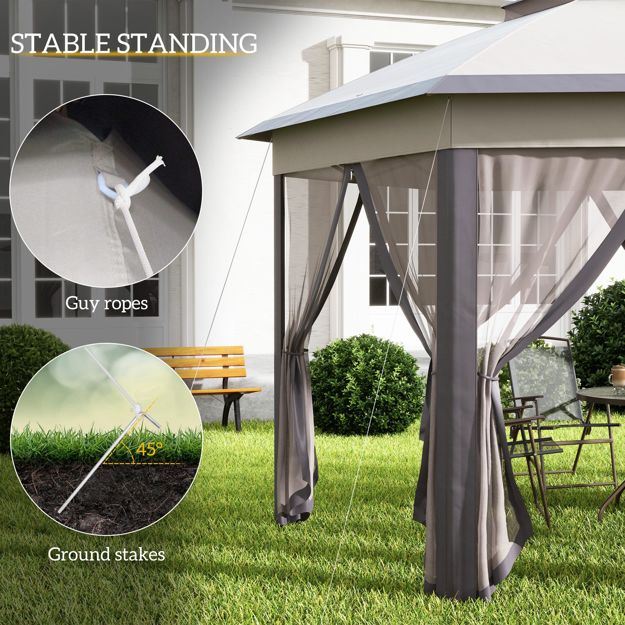 13' x 13' Pop Up Gazebo Hexagonal Canopy Shelter with 6 Zippered Mesh Netting for Patio Backyard Garden Wedding Party - Image 4