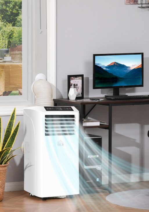 8000BTU Mobile Portable Air Conditioner with Cooling, Dehumidifier, and Ventilating with Remote Control, 2 Speed Fans, 24-Hour Timer for Bedroom, Living Room, Home Office, White