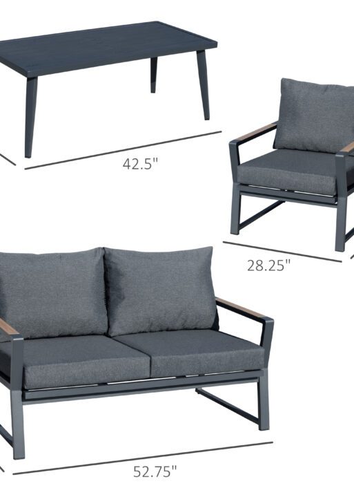 4 Piece Patio Furniture Set, Aluminum Conversation Set, Outdoor Garden Sofa Set with Armchairs, Loveseat, Center Coffee Table and Cushions, Dark Grey