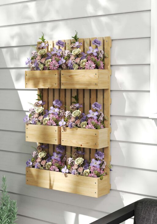 Wall Mounted Planter with Trellis and Drainage Holes for Small Spaces, Raised Garden Bed, Natural