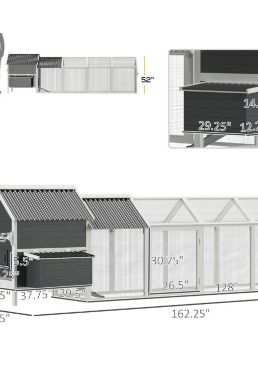 162" Large Chicken Coop Wooden for 6-8 Chickens with Handles, Outdoor Chicken Cage Hen House with 2 Nesting Boxes, Water-resistant Roof, Removable Tray, Ramp, Storm Gray