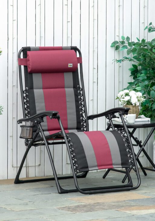 XL Oversize Zero Gravity Recliner, Padded Patio Lounger Chair, Folding Chair with Adjustable Backrest, Cup Holder, and Headrest for Backyard, Poolside, Lawn, Striped, Wine Red