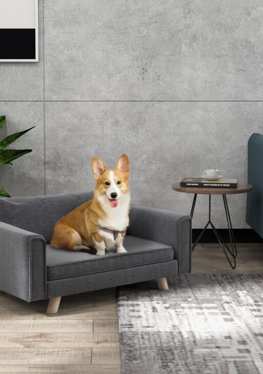 Raised Dog Sofa, Elevated Pet Sofa for Small and Medium Dogs with Removable Seat and Back Cushions, Anti-Slip Pads, Gray