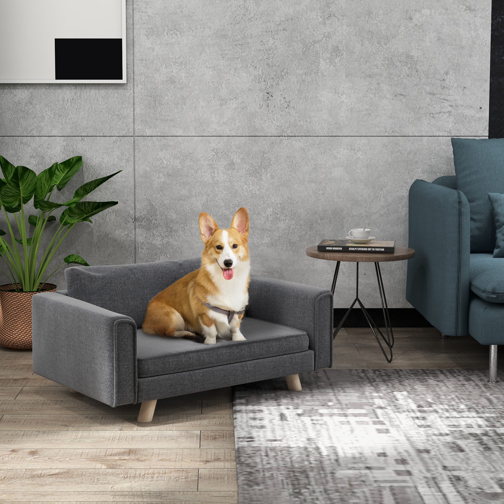 Raised Dog Sofa, Elevated Pet Sofa for Small and Medium Dogs with Removable Seat and Back Cushions, Anti-Slip Pads, Gray